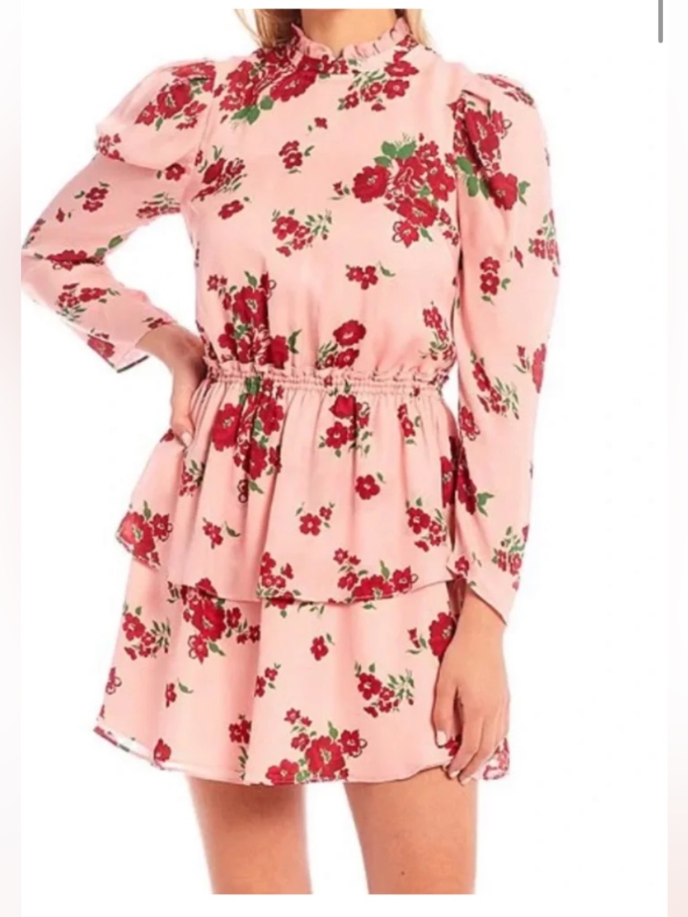 Julie Brown Dress Gabe Floral Print Silk Ruffle Mock Neck Tiered